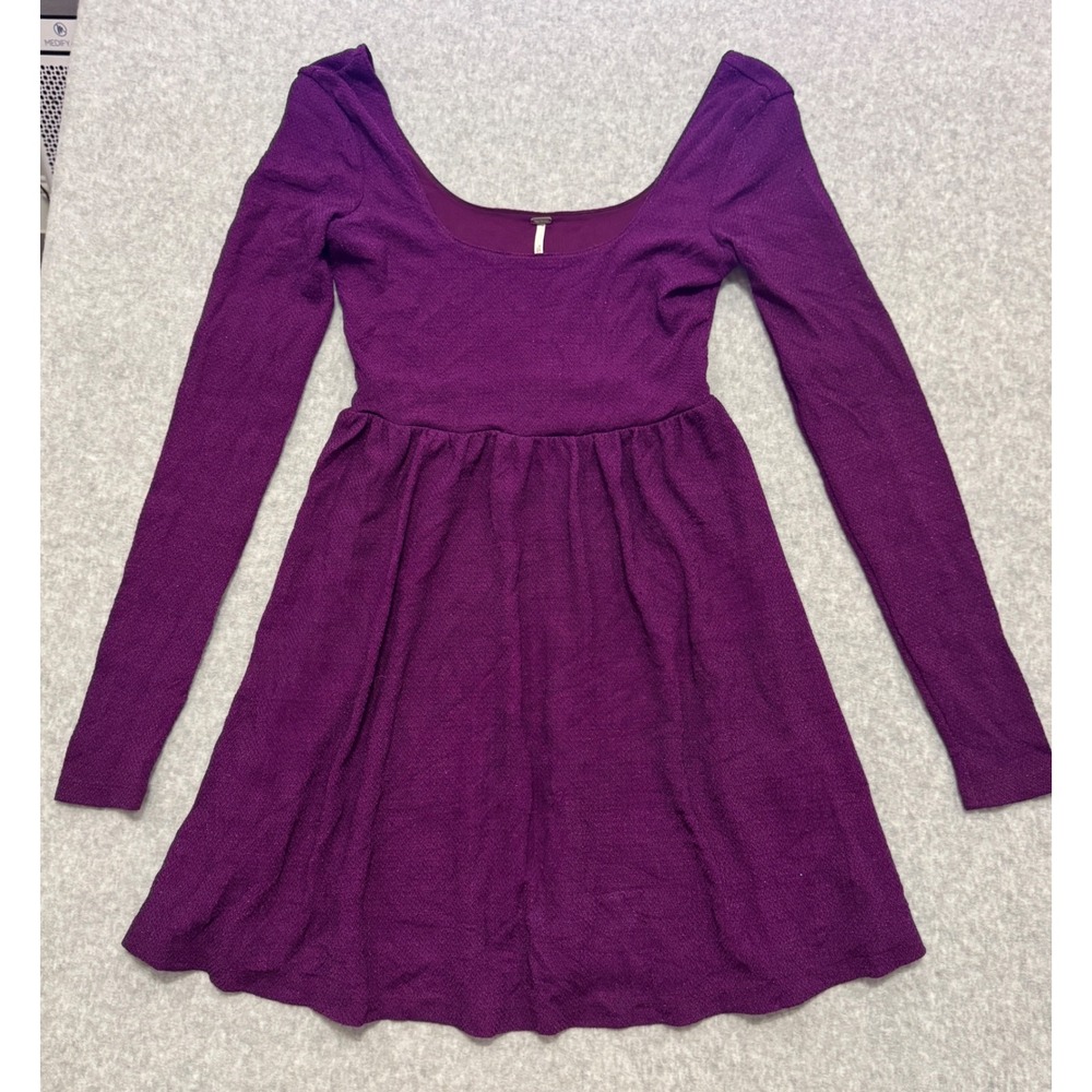 Free People‎ Purple Textured Shimmer Long Sleeve Empire Waist Mini Dress Small